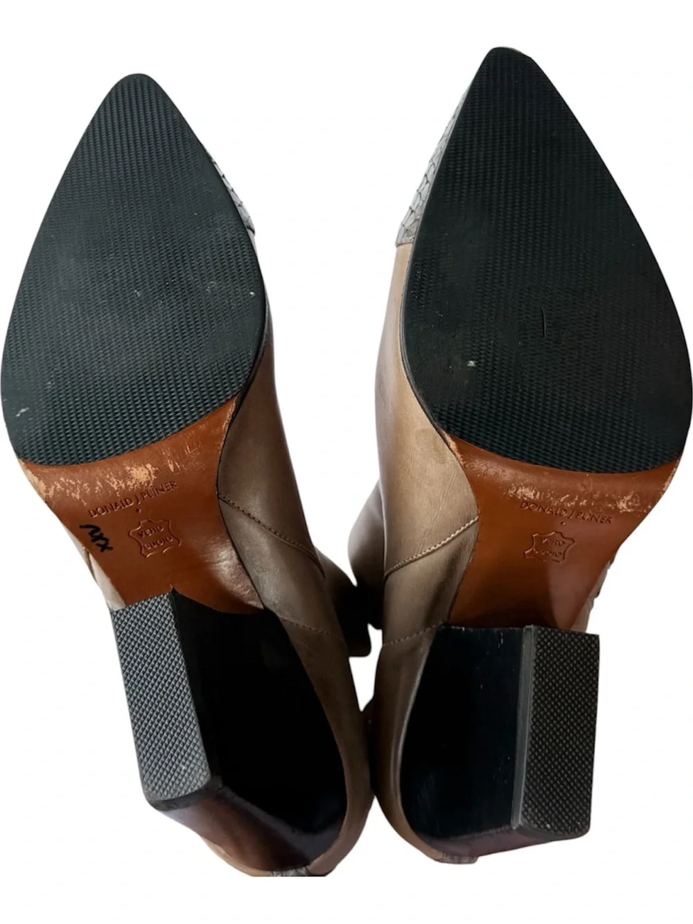 Donald J. Pliner Taupe Leather Ankle Boots with Gray Snake-Print Toe Caps